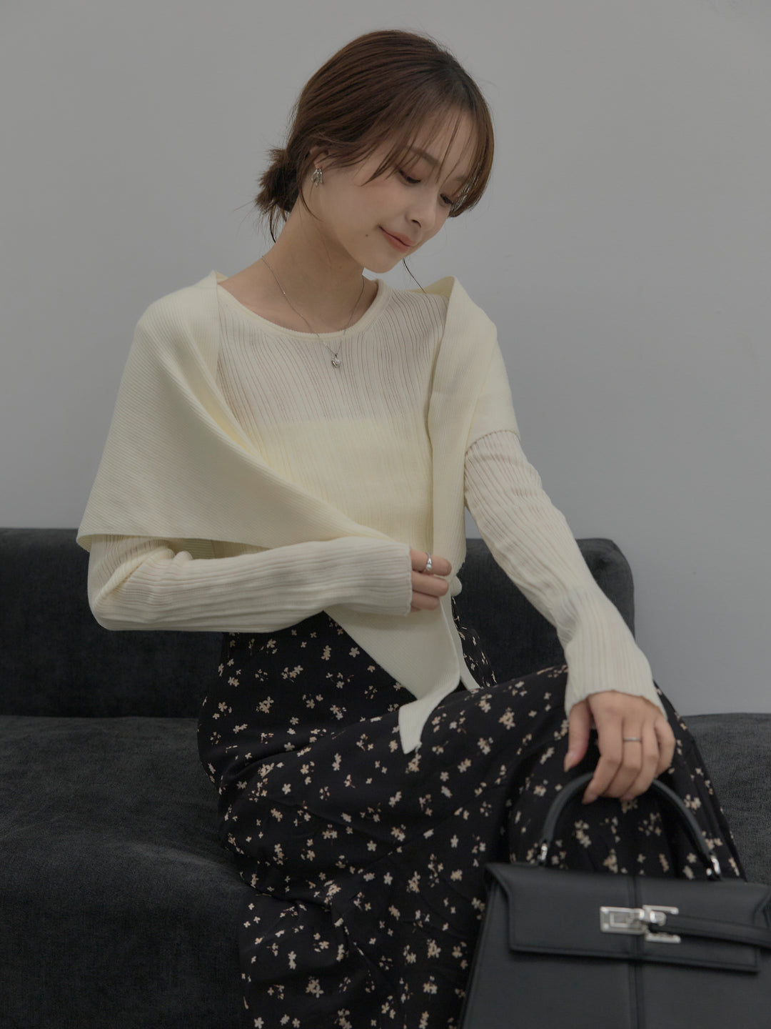 【SET】ニットスカーフ付きリブニットトップス+フラワーパターンマーメイドフレアスカート(2set)