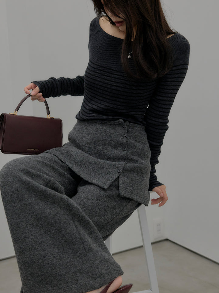 【SET】ハーフボーダーニットトップス+ミックスヤーンニットラップパンツ(2set)