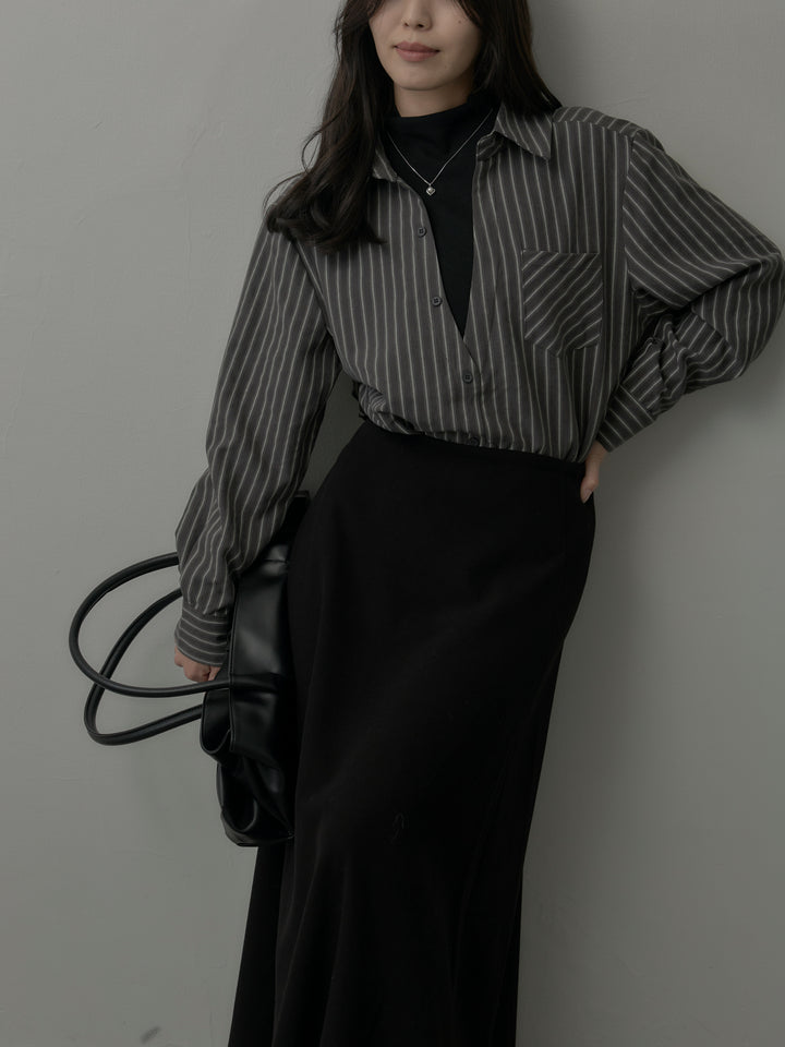 【SET】スエードタッチドッキングデザインストライプシャツ+リラクシーフレアロングスカート(2set)