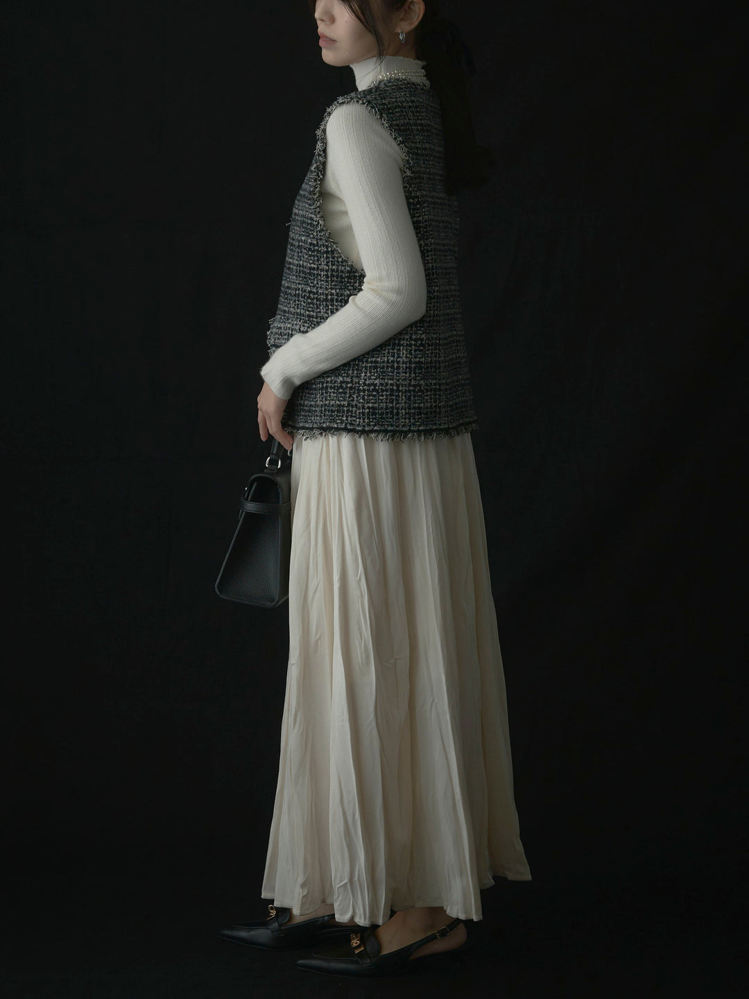 【SET】ツイードフリンジベスト+リブニットタートルネック+ベロアワッシャープリーツスカート(3set)