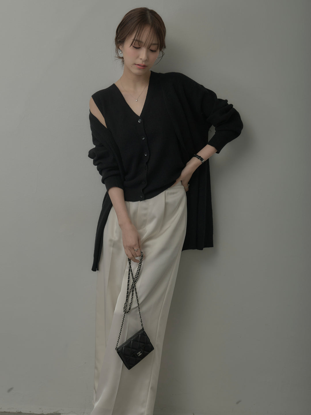 【SET】カーディガン&ニットベストアンサンブルSET+【Essential】センタープレスサテンパンツ(2set)