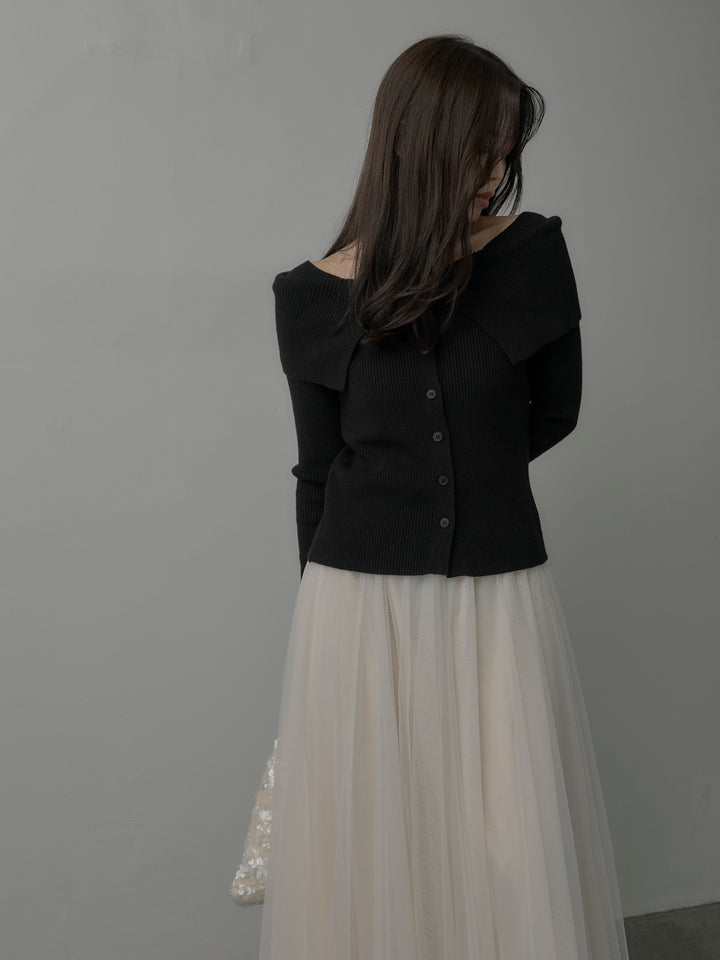 【SET】オフショルライクリブニットトップス+ボリュームチュールスカート(2set)