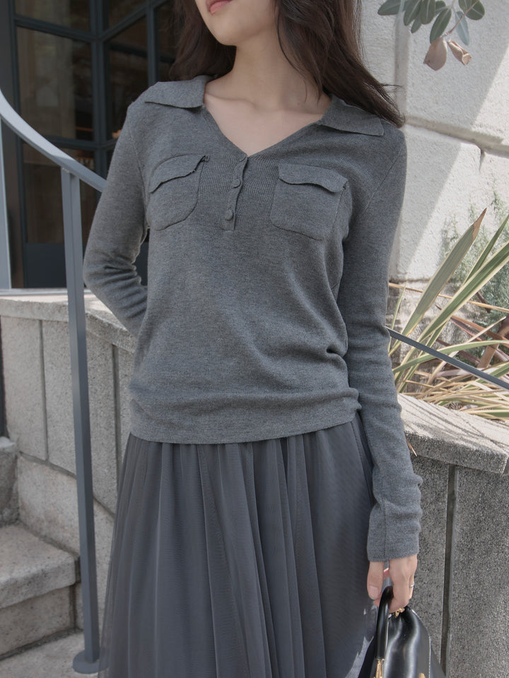 【SET】ポケットデザインリブニットトップス+ボリュームチュールスカート(2set)