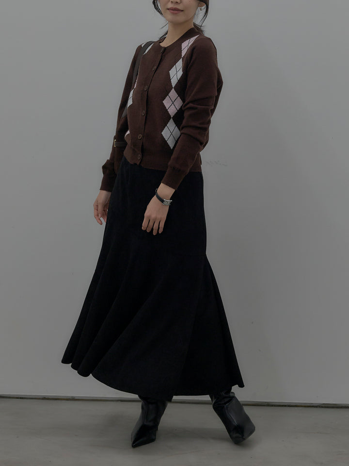 【SET】アーガイル柄ニットカーディガン+スウェードフレアスカート(2set)