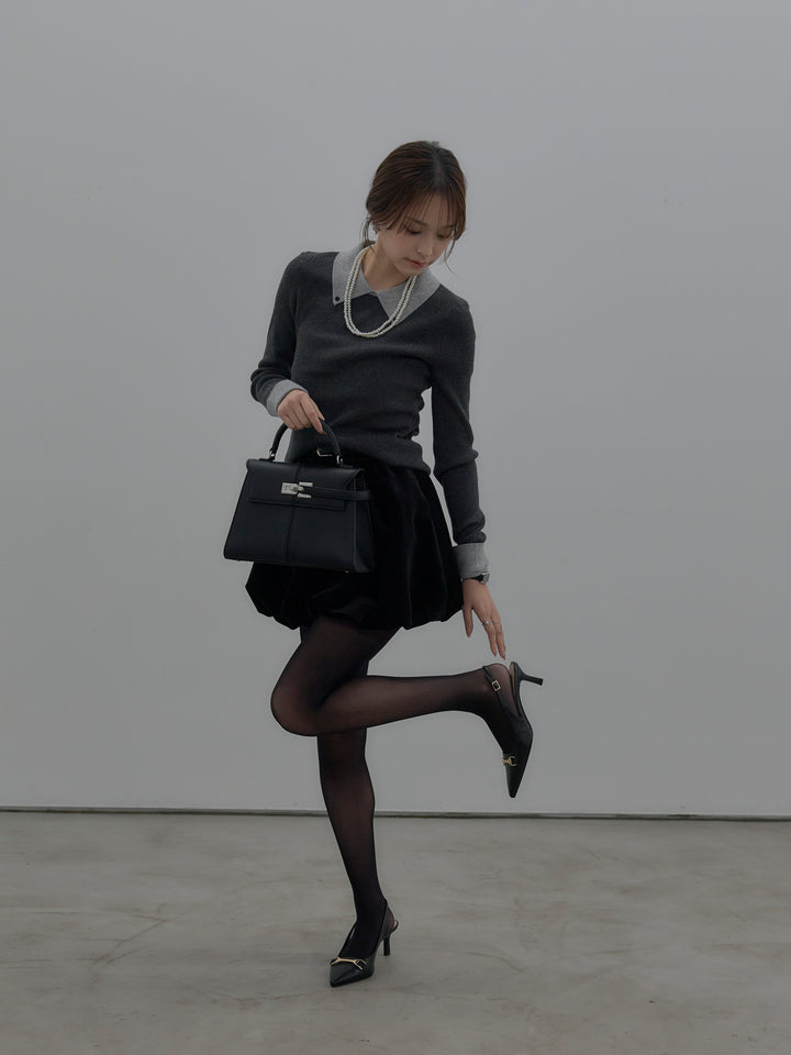 【SET】配色カフスニットポロ+ベロアバルーンミニスカート(インパン付き)(2set)