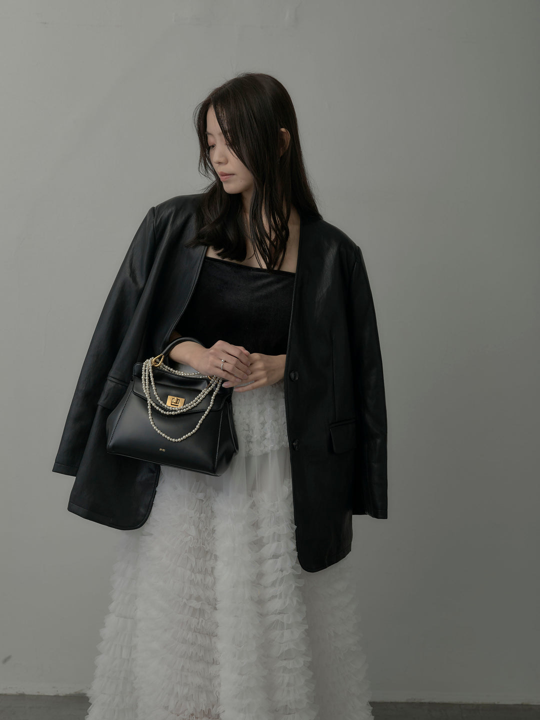 【SET】レザーノーカラージャケット+ドラマチックフリルチュールスカート(2set)