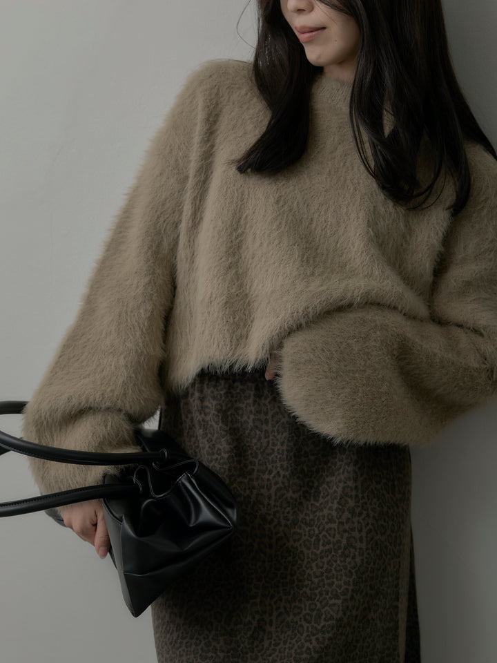 【SET】クロップドシャギーニットトップス+レオパードウールタッチフレアスカート(2set)