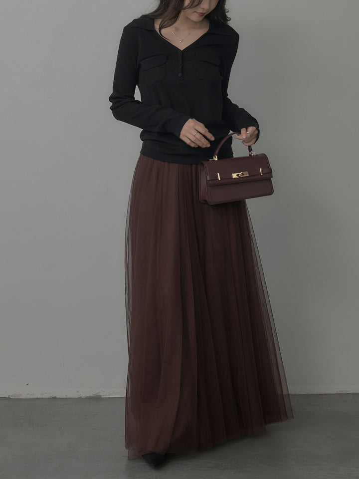 【SET】ポケットデザインリブニットトップス+ボリュームチュールスカート(2set)