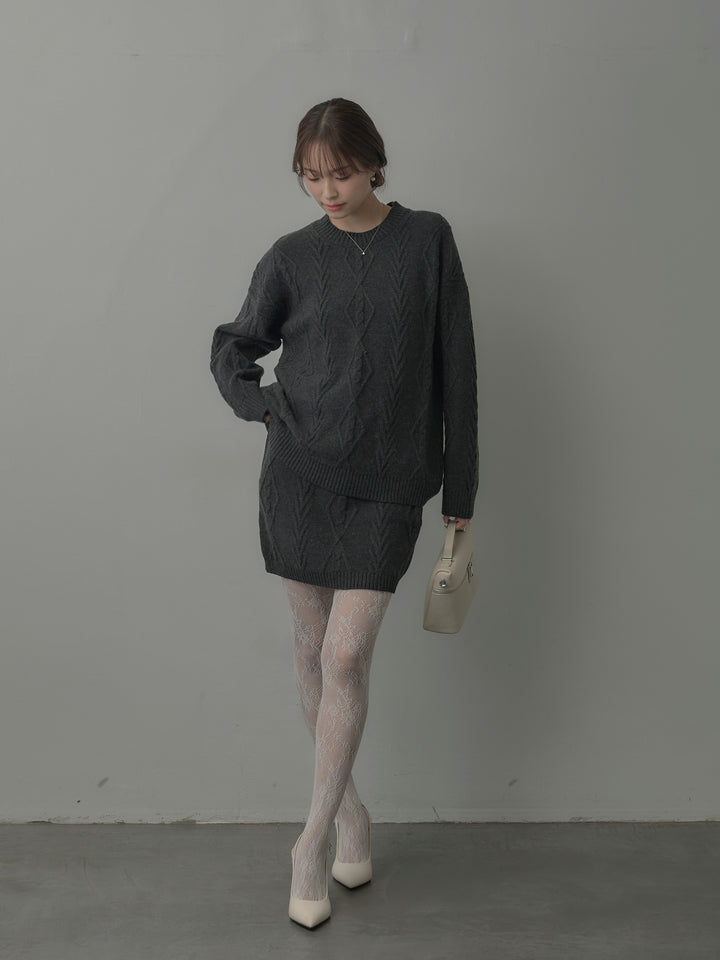 デザイン編みニットトップス&ミニスカート SET UP