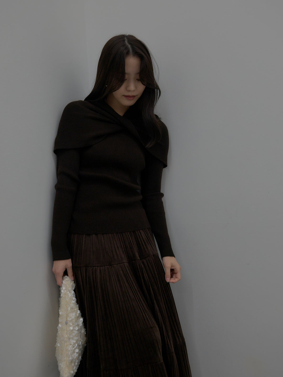 【SET】ケープライクデザインリブニットトップス+ベロアプリーツティアードスカート(2set)