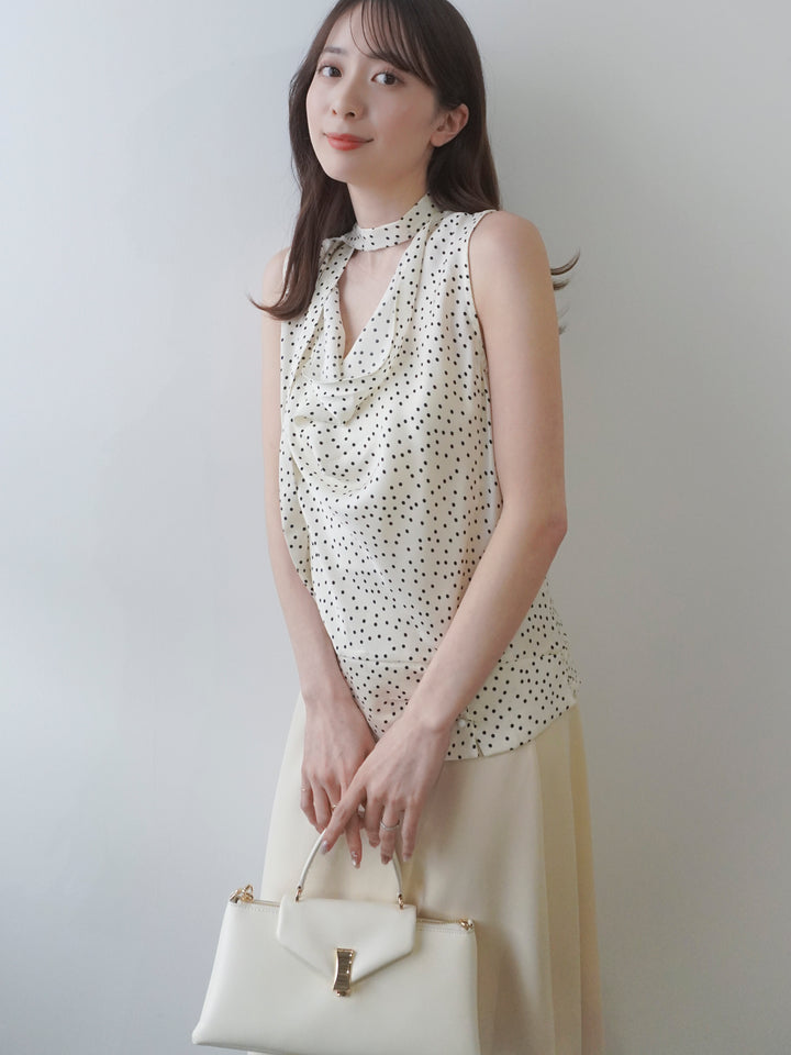【SET】ランダムドットドレープノースリトップス(タイ付き)+ポンチフレアスカート(2set)