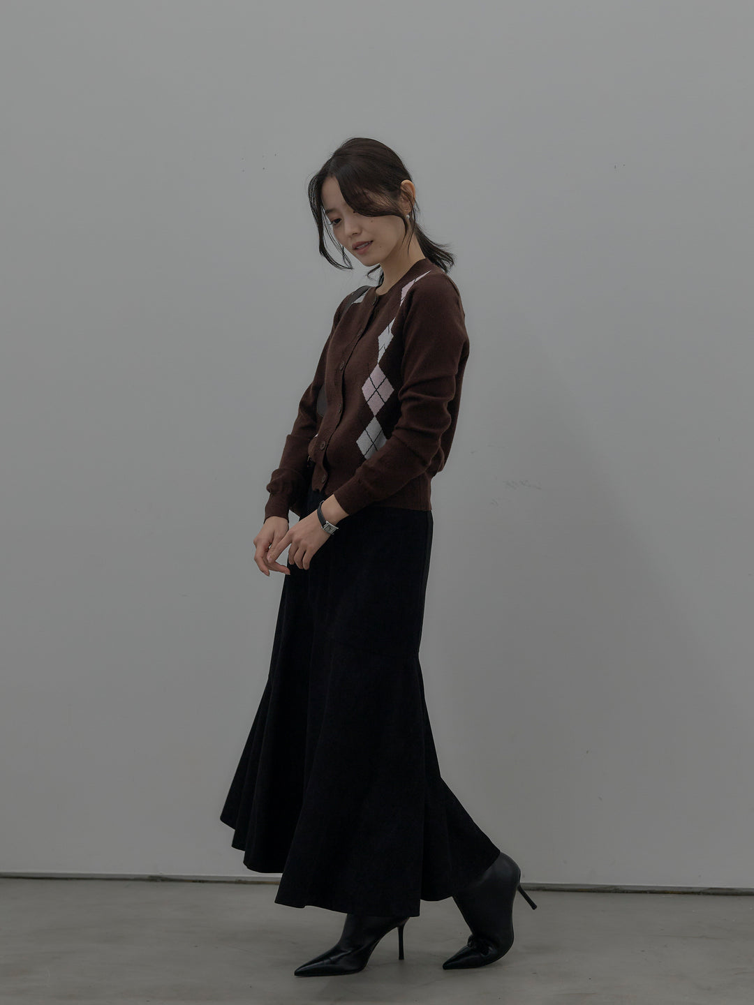 【SET】アーガイル柄ニットカーディガン+スウェードフレアスカート(2set)