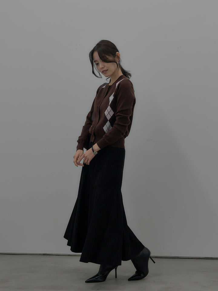 【SET】アーガイル柄ニットカーディガン+スウェードフレアスカート(2set)