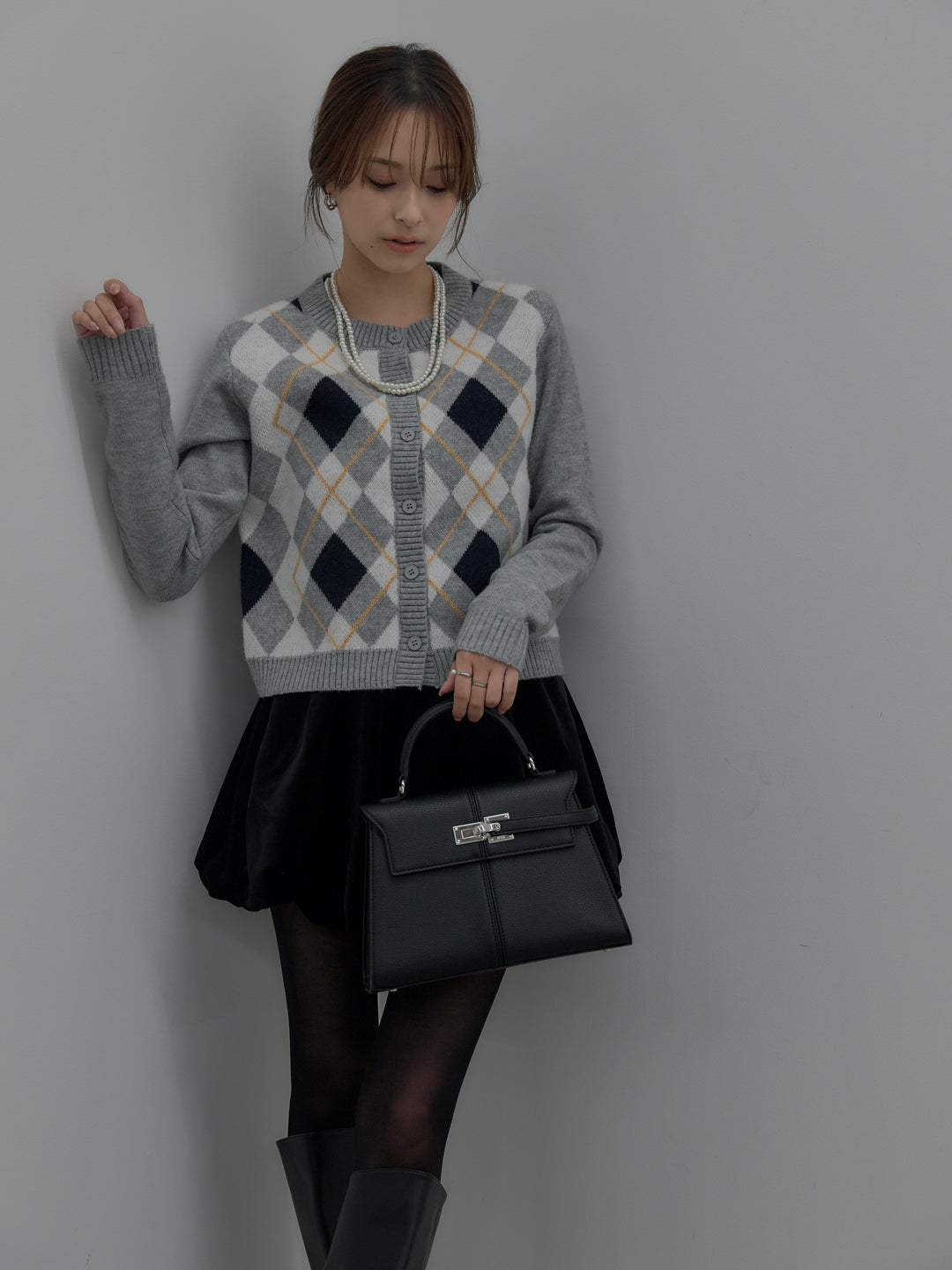 アーガイル柄コンパクトニットカーディガン