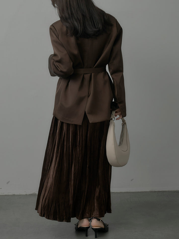 【SET】ノーカラーサテンジャケット+ベロアワッシャープリーツスカート(2set)