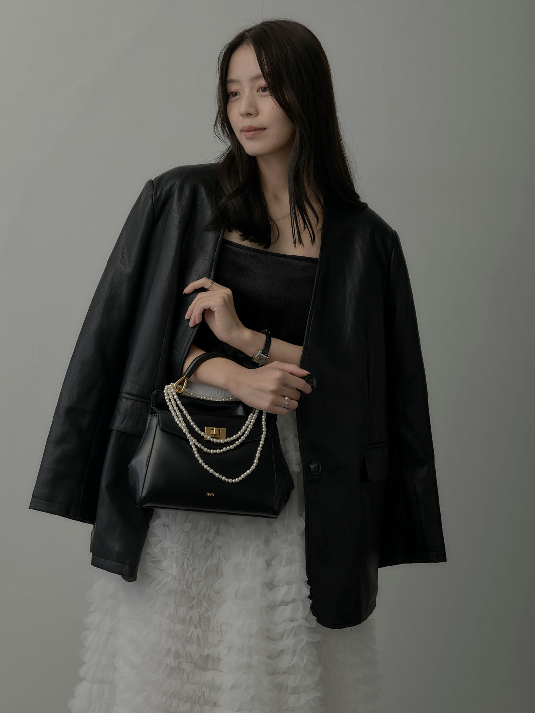 【SET】レザーノーカラージャケット+ドラマチックフリルチュールスカート(2set)