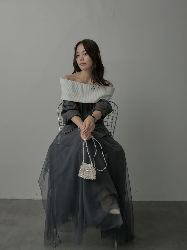 【SET】ニットシャツドッキングオフショルトップス+ボリュームチュールスカート(2set)
