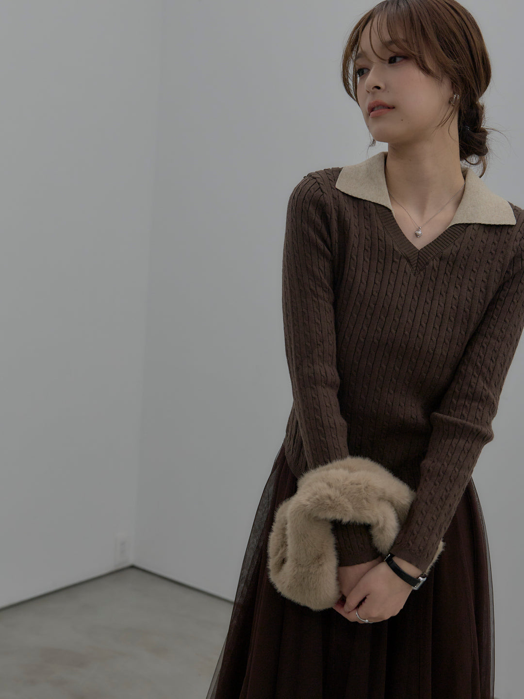 【SET】配色Vネックケーブルニットトップス+ボリュームチュールスカート(2set)