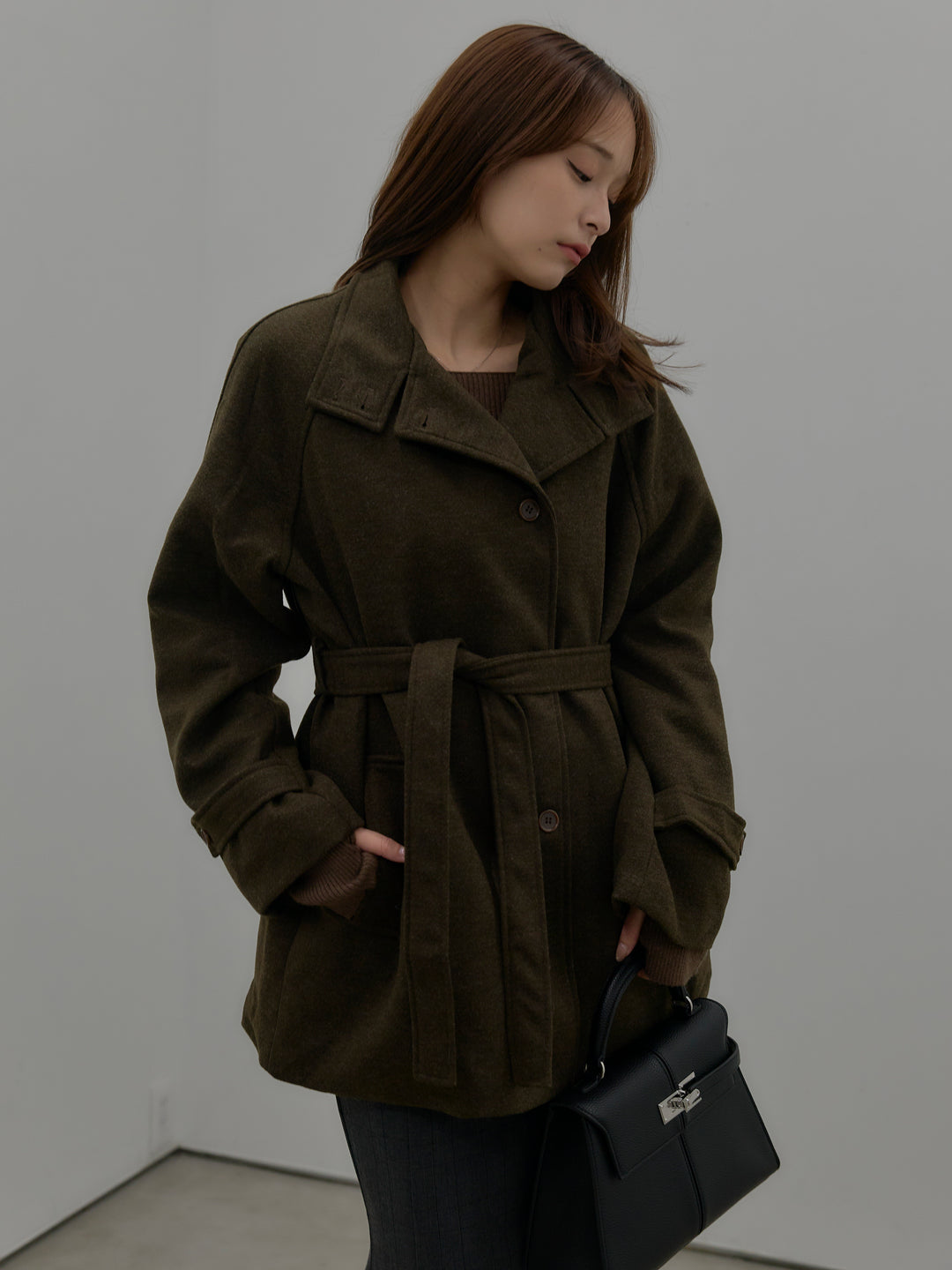 【SET】キルティングライナーウールミディアムコート+スクエアネックリブニット+【Essential】チェック柄マーメイドスカート(3set)