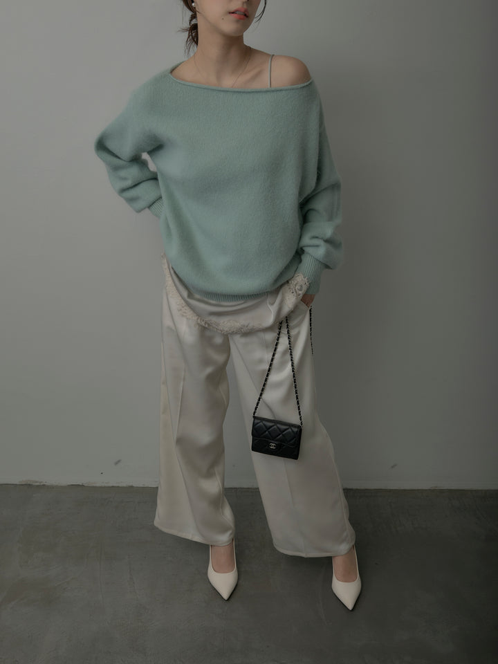 【SET】【premium touch】2wayショルダーニットプルオーバー+レースサテンキャミソール+【Essential】センタープレスサテンパンツ(3set)