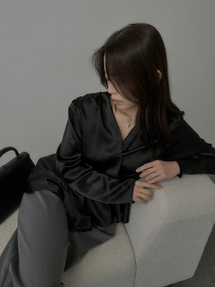 【SET】Vネックアシメサテンブラウス+【Essential】３タックスラックス(2set)