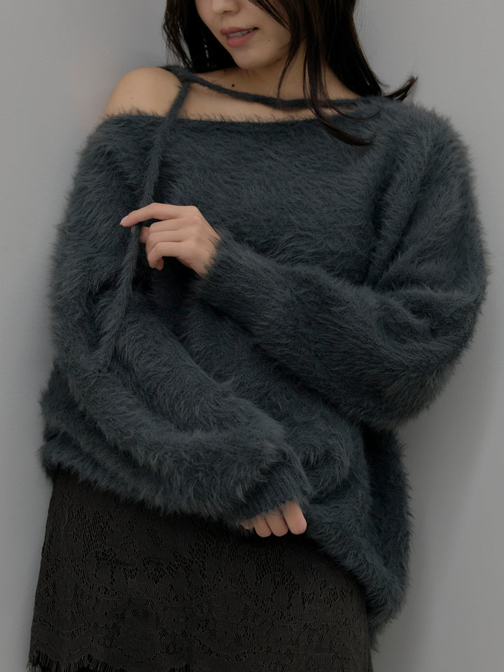 【SET】ネックリボンワンショルダーシャギーニット+レースレイヤードセミフレアパンツ(2set)