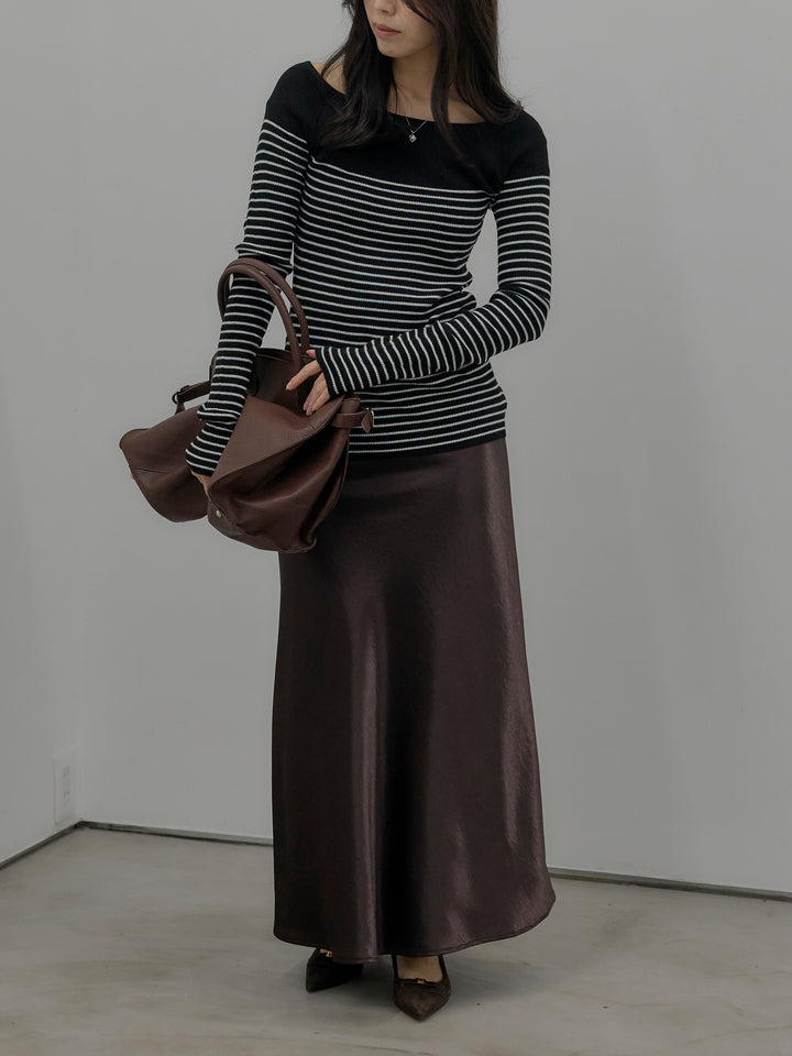 【SET】ハーフボーダーニットトップス+ナローAラインサテンスカート(2set)