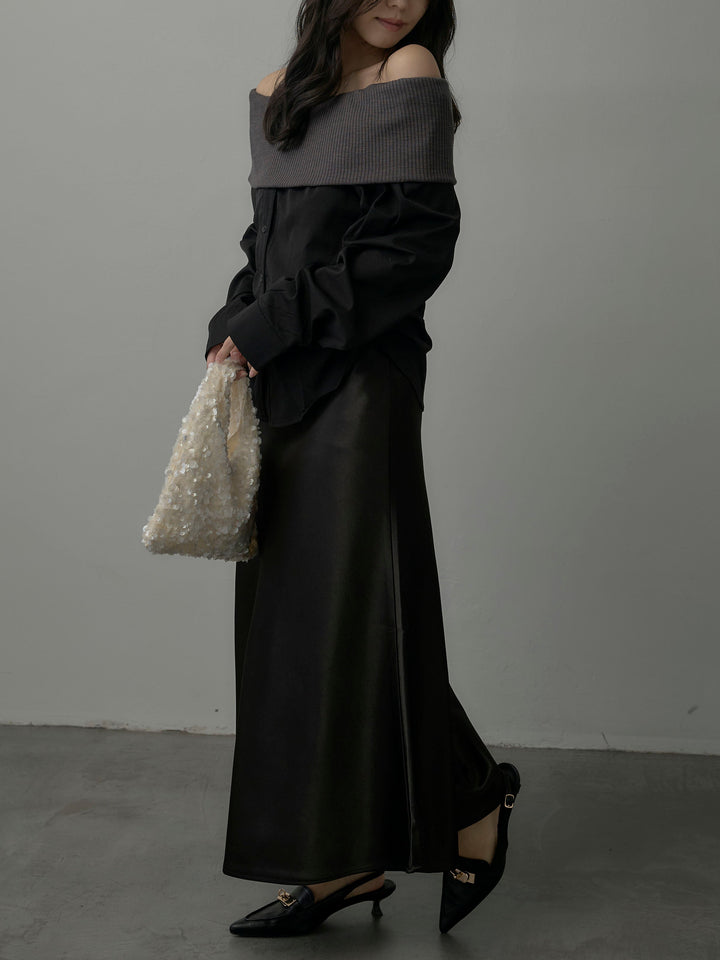 【SET】ニットシャツドッキングオフショルトップス+ヘビーサテンAラインスカート(2set)