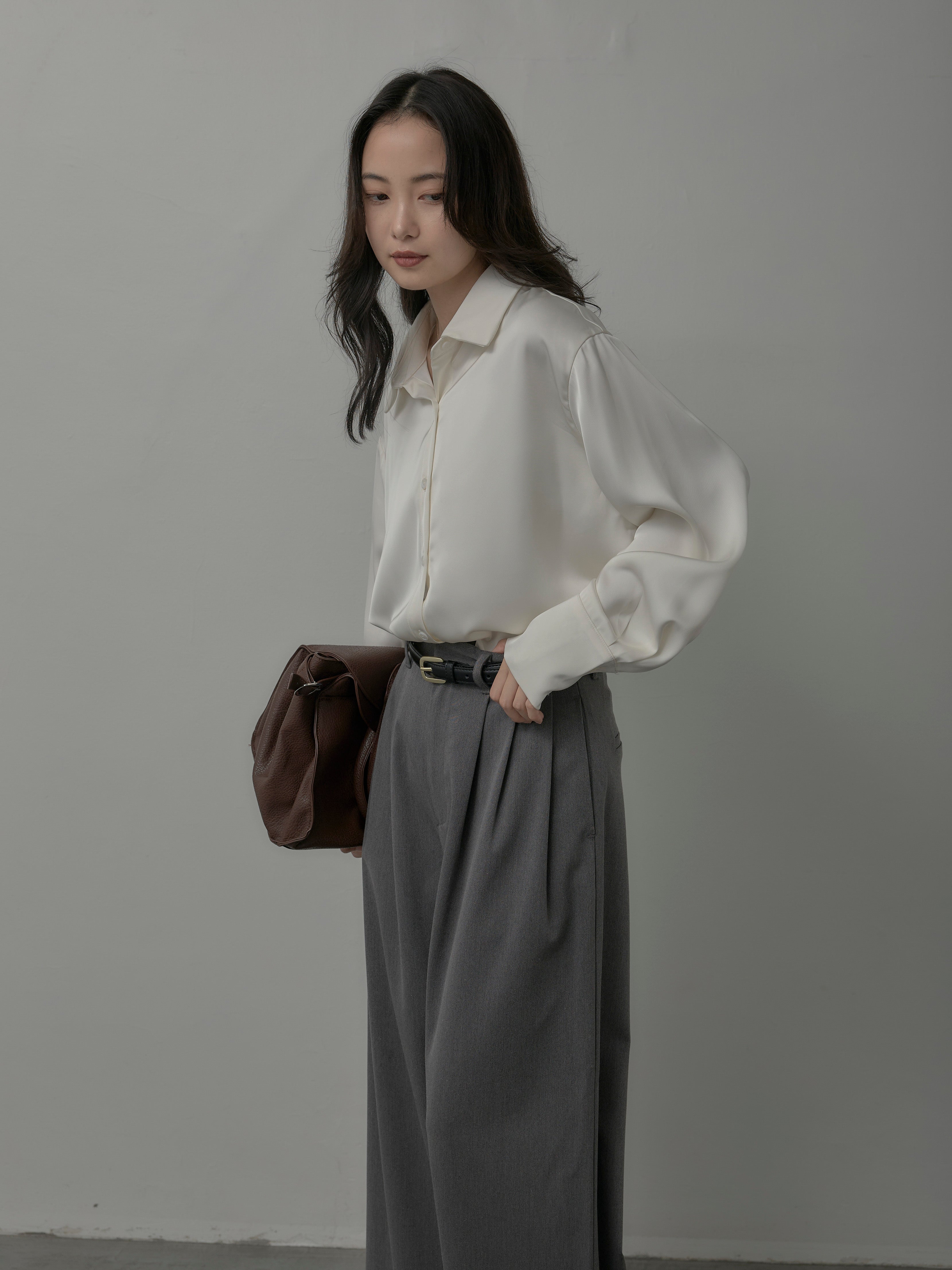 SET】ケープ付きオーバーサテンシャツ+【Essential】3タック