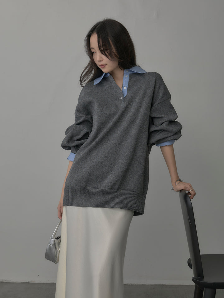 【SET】襟付きポロトップス+ナローAラインサテンスカート(2set)