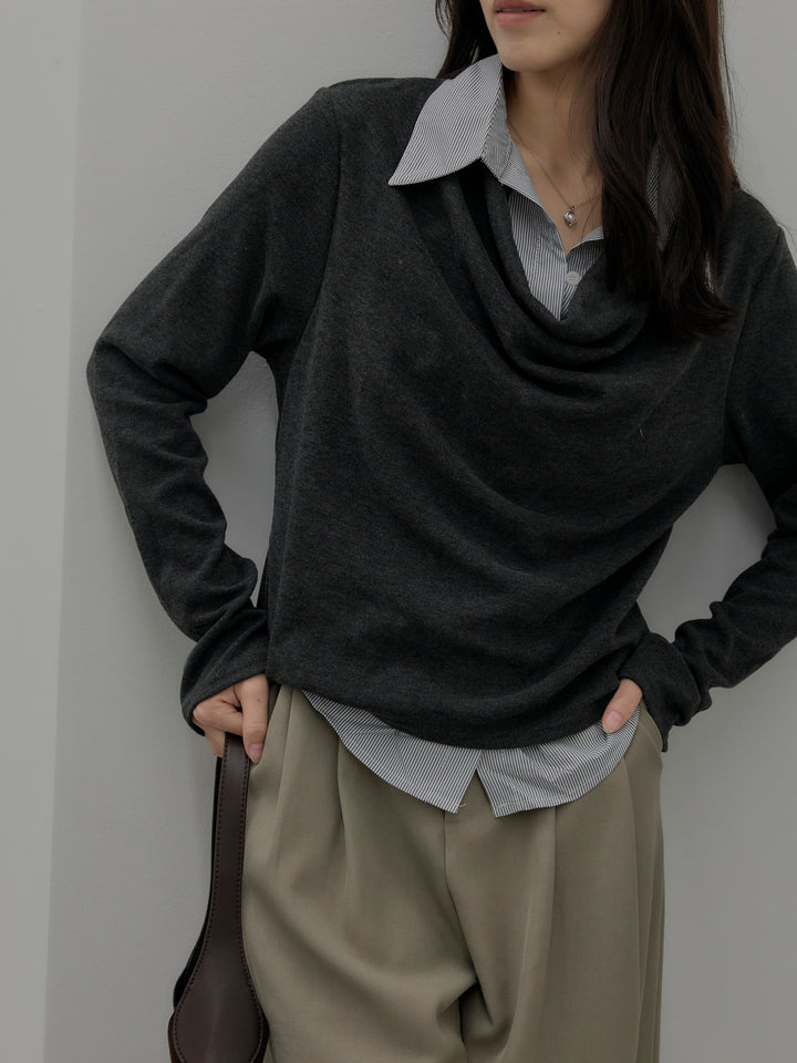 【SET】シャツレイヤードドレープニットトップス+デザインタックワイドパンツ(2set)