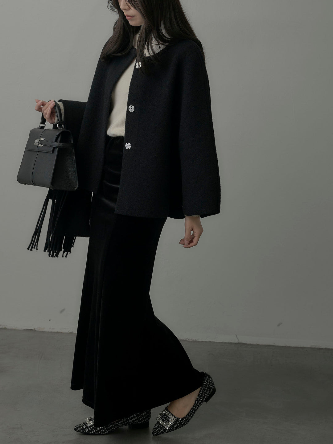 【SET】マフラー付き2WAYケープコート+リブニットタートルネック+ベロアマーメイドスカート(3set)