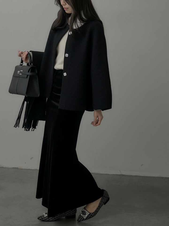 【SET】マフラー付き2WAYケープコート+リブニットタートルネック+ベロアマーメイドスカート(3set)