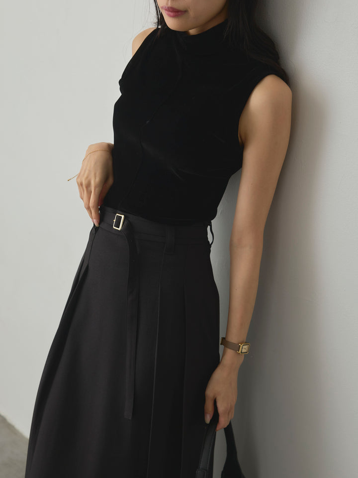 【SET】メッシュベロアノースリーブトップス+【Essential】ベルト付きサイドタックスカート(2set)