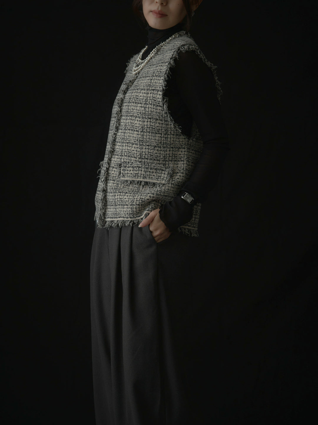 【SET】ツイードフリンジベスト+メロウフリルシアートップス+【ロープベルト付属】ウールタッチワイドパンツ(3set)