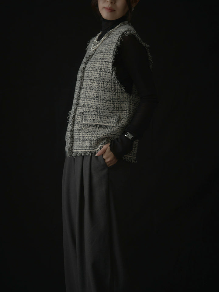 【SET】ツイードフリンジベスト+メロウフリルシアートップス+【ロープベルト付属】ウールタッチワイドパンツ(3set)