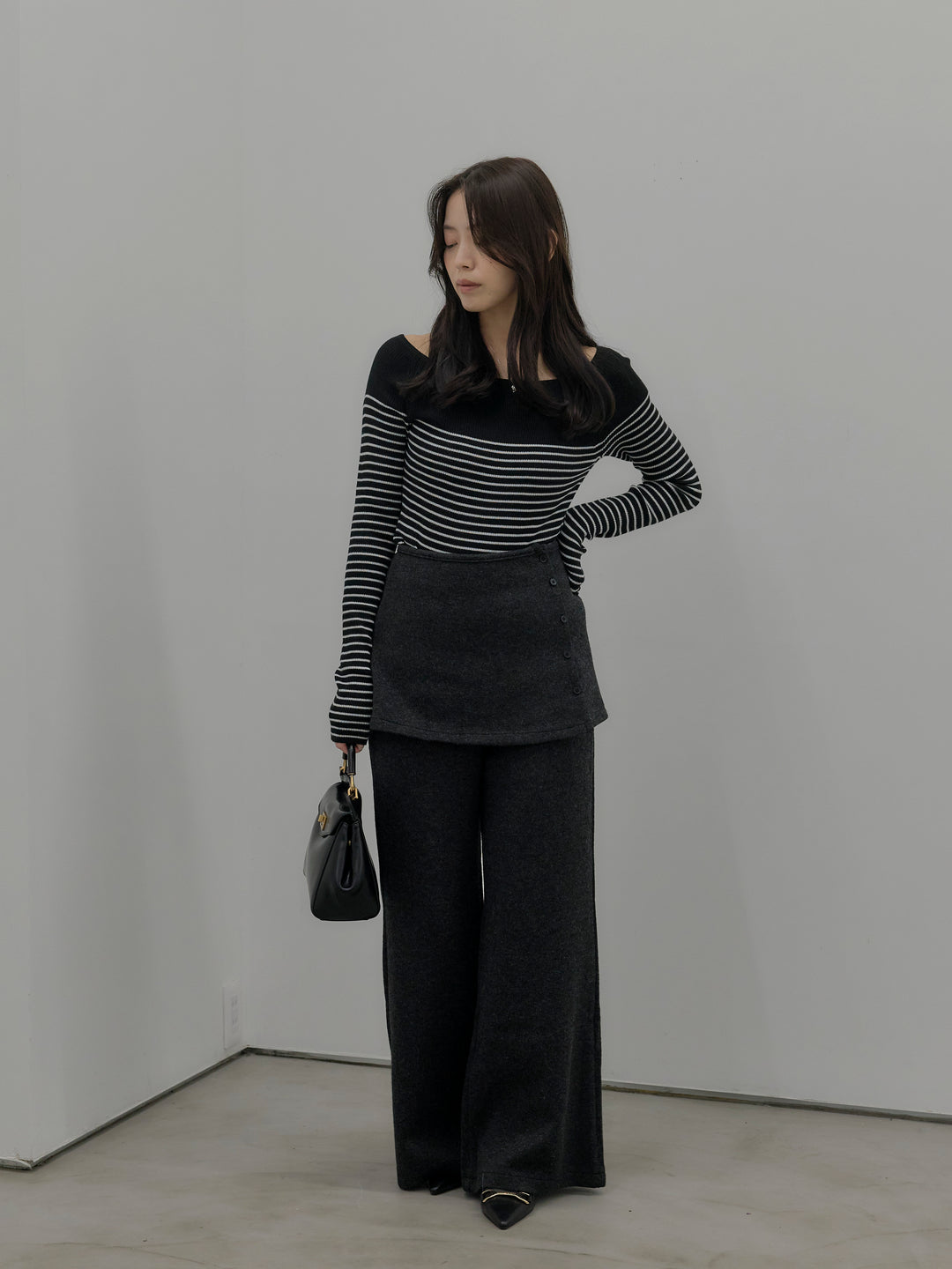 【SET】ハーフボーダーニットトップス+ミックスヤーンニットラップパンツ(2set)