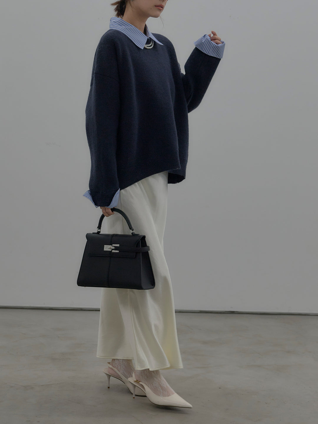 【SET】シャツドッキング肉厚ニットプルオーバー+ナローAラインサテンスカート(2set)