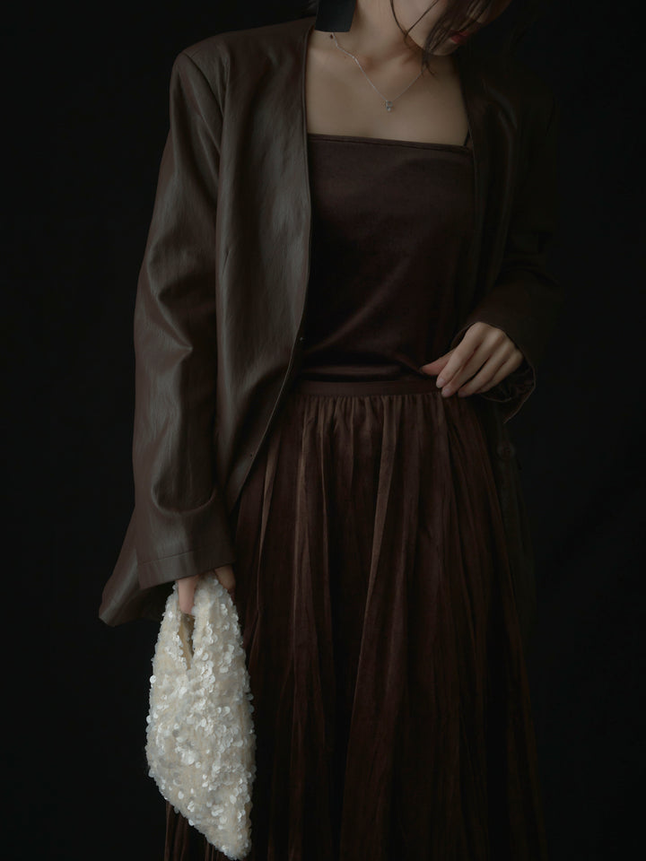 【SET】レザーノーカラージャケット+ベロアワッシャープリーツスカート(2set)