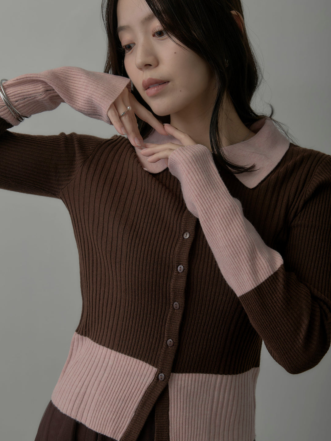 【SET】バイカラーリブニットポロトップス+ボリュームチュールスカート(2set)