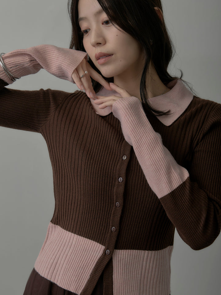 バイカラーリブニットポロトップス