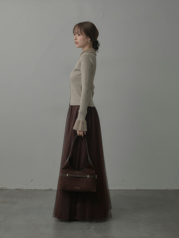 シャギー襟リブニットポロトップス