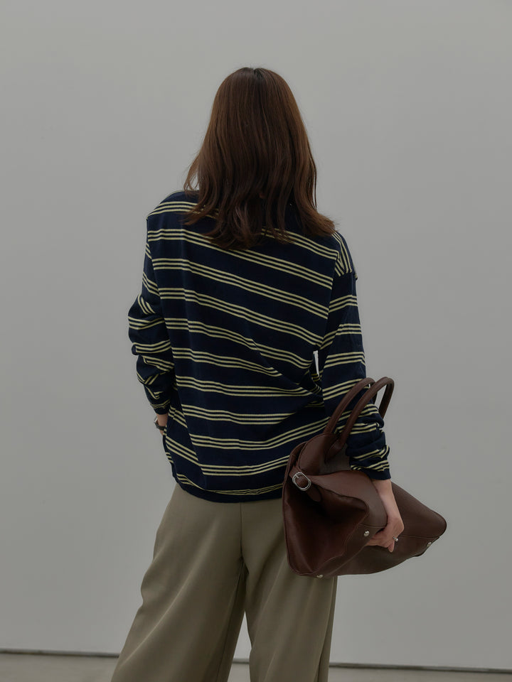 ボーダーポロ襟ニットプルオーバー