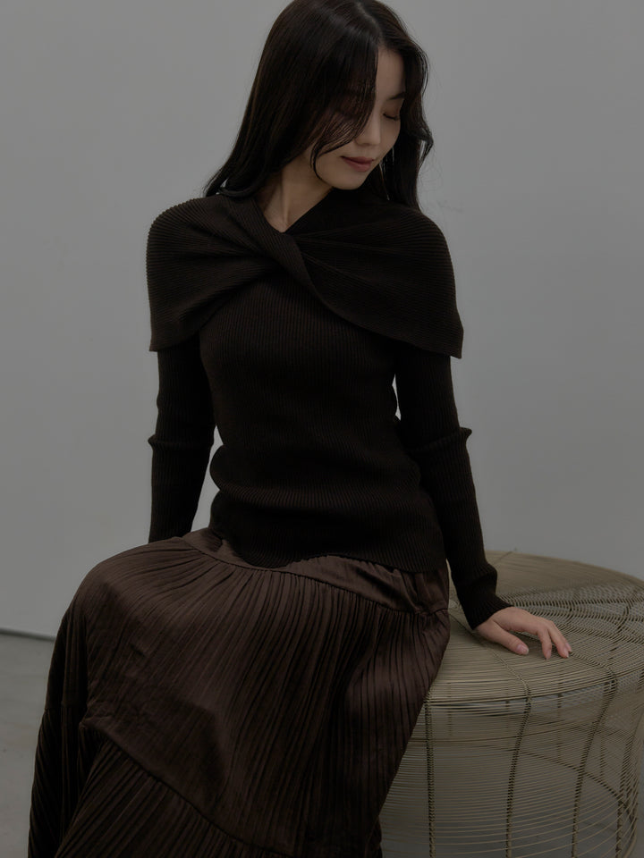 【SET】ケープライクデザインリブニットトップス+ベロアプリーツティアードスカート(2set)