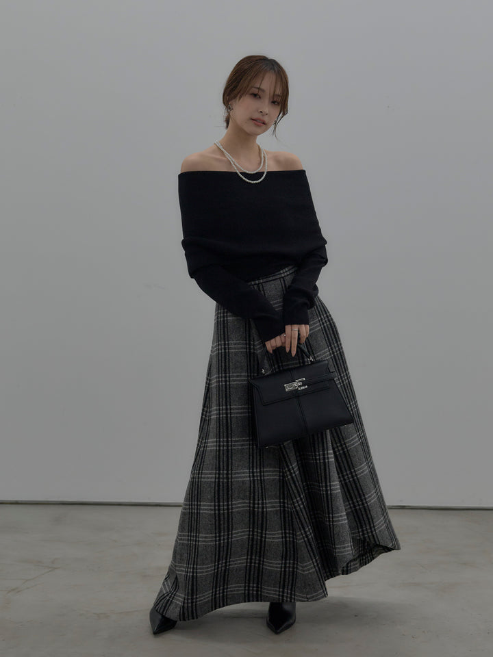 【SET】【premium touch】ソフトリブオフショルニットトップス+【Essential】クラシカルチェックウールタッチスカート(2set)
