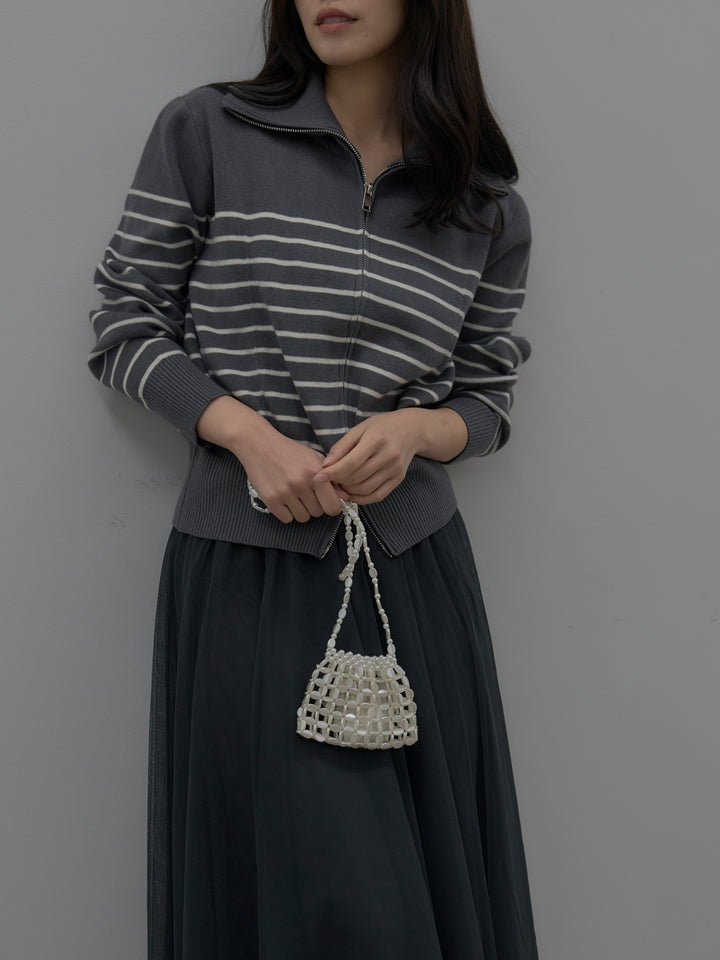 【SET】ダブルZIPハイネックボーダーニットトップス+ボリュームチュールスカート(2set)