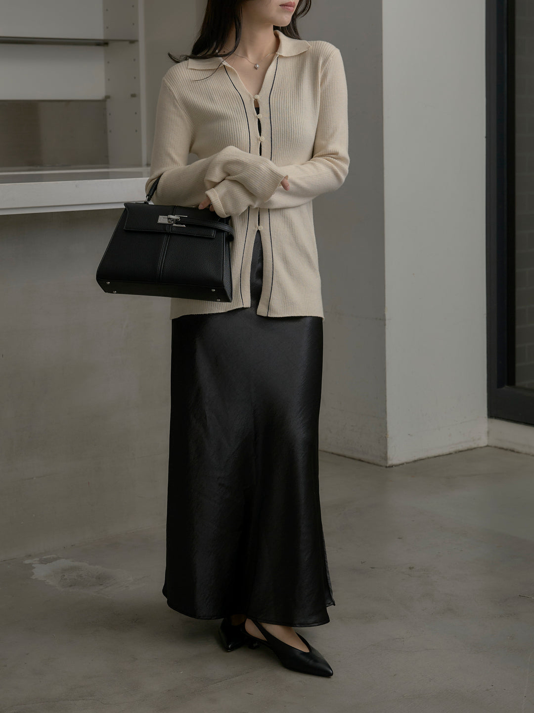 【SET】リブ配色ラインポロニットカーディガン+ナローAラインサテンスカート(2set)