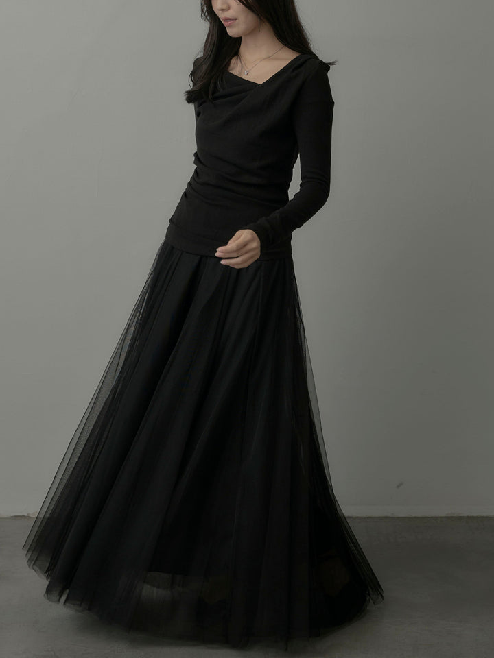 【SET】ドレープデザイントップス+ボリュームチュールスカート(2set)