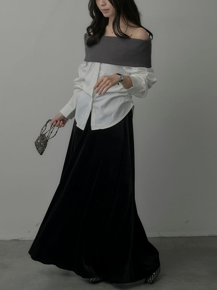 【SET】ニットシャツドッキングオフショルトップス+ベロアフレアロングスカート(2set)