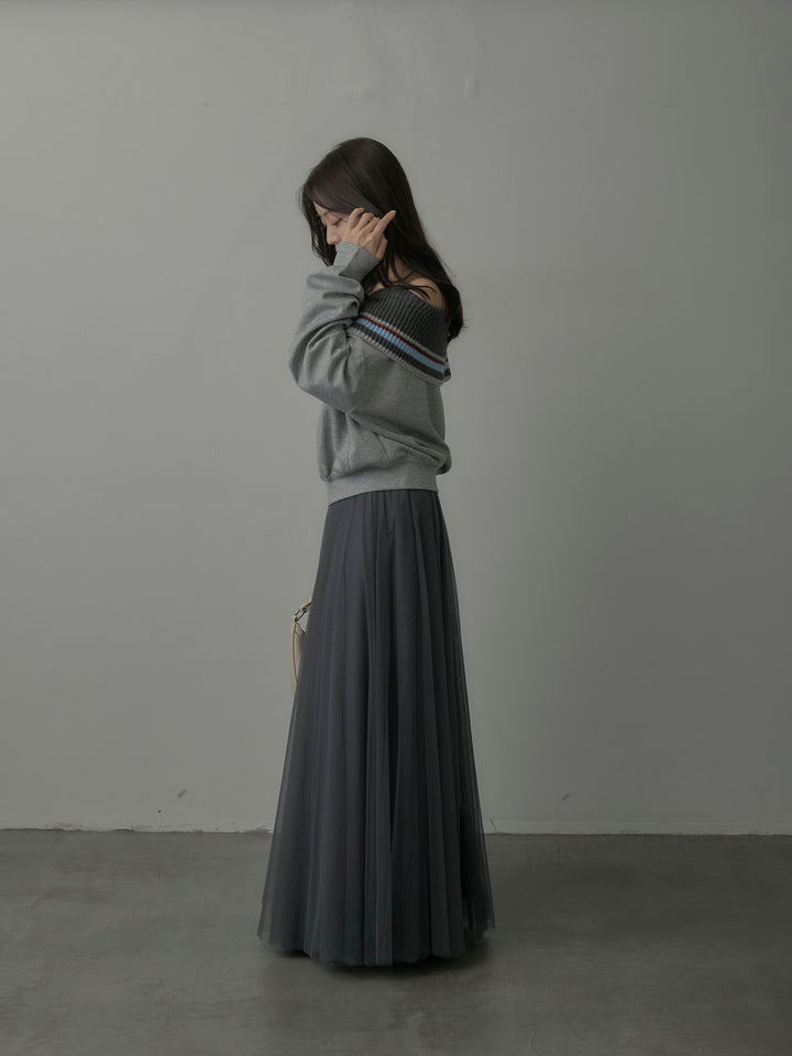 【SET】配色ボーダースウェットオフショルトップス+ボリュームチュールスカート(2set)